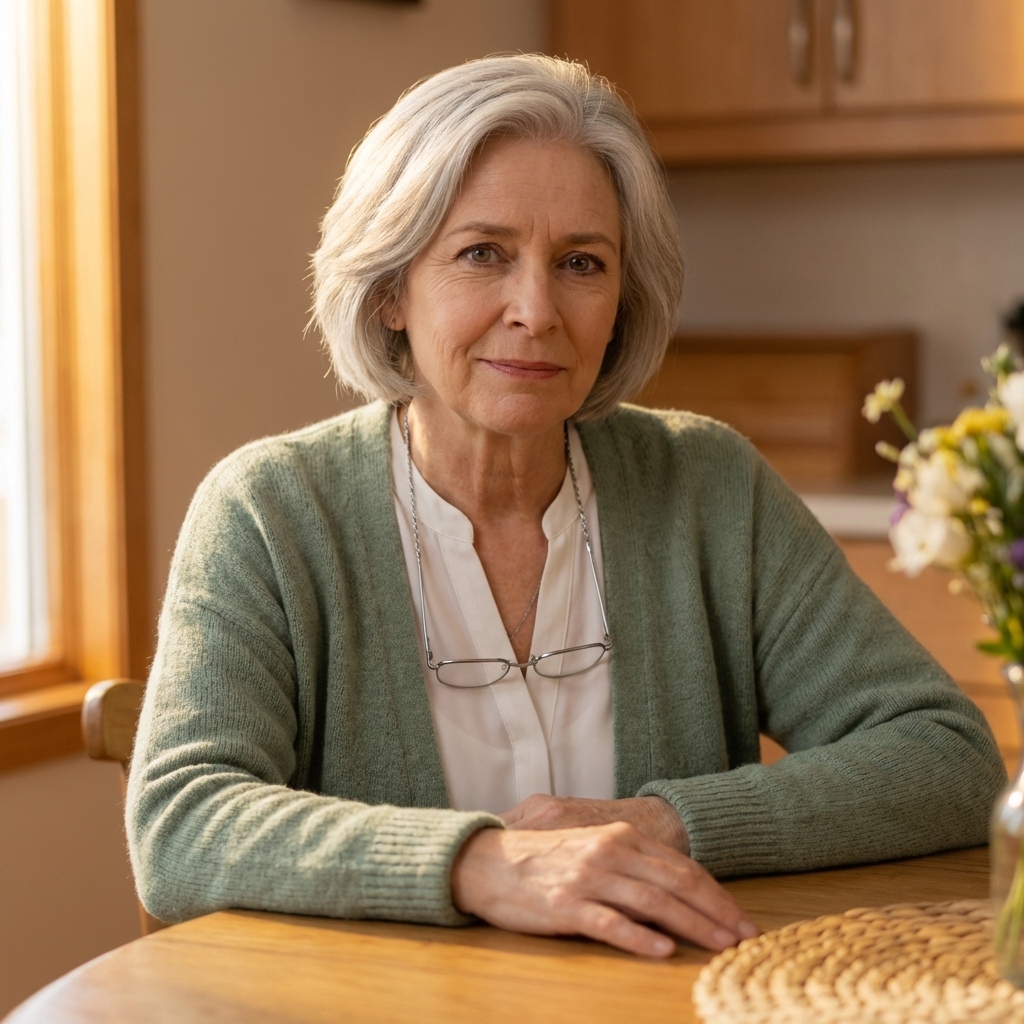 Jerri, 68, in her kitchen with a knowing smile