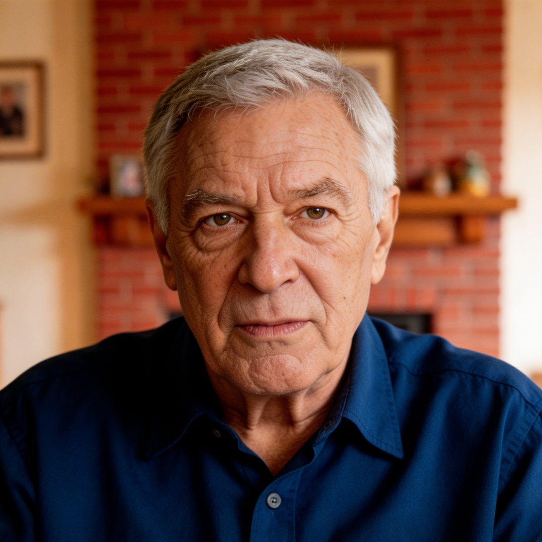 Terry, 70, deadpan expression in his living room